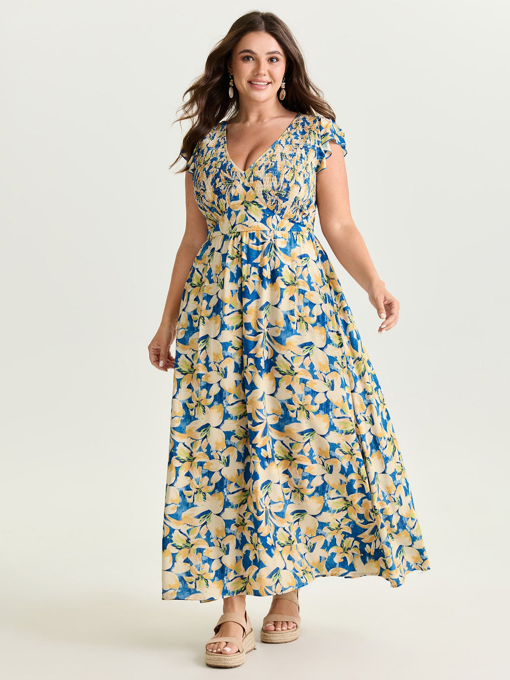 Floral Breeze Shirred V-Neck Maxi Dress