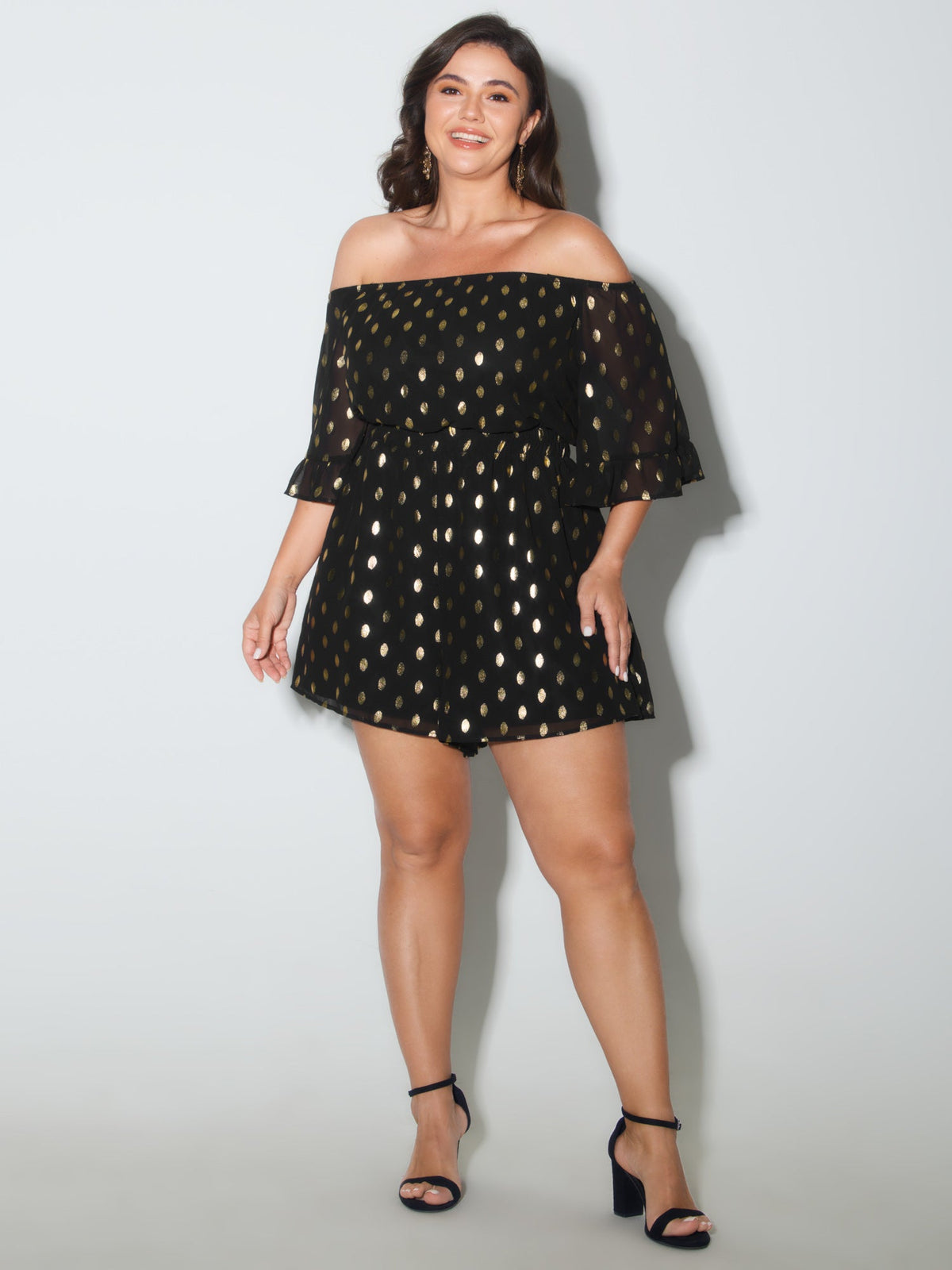 Gold Stamped Polka Dots Off-Shoulder Romper