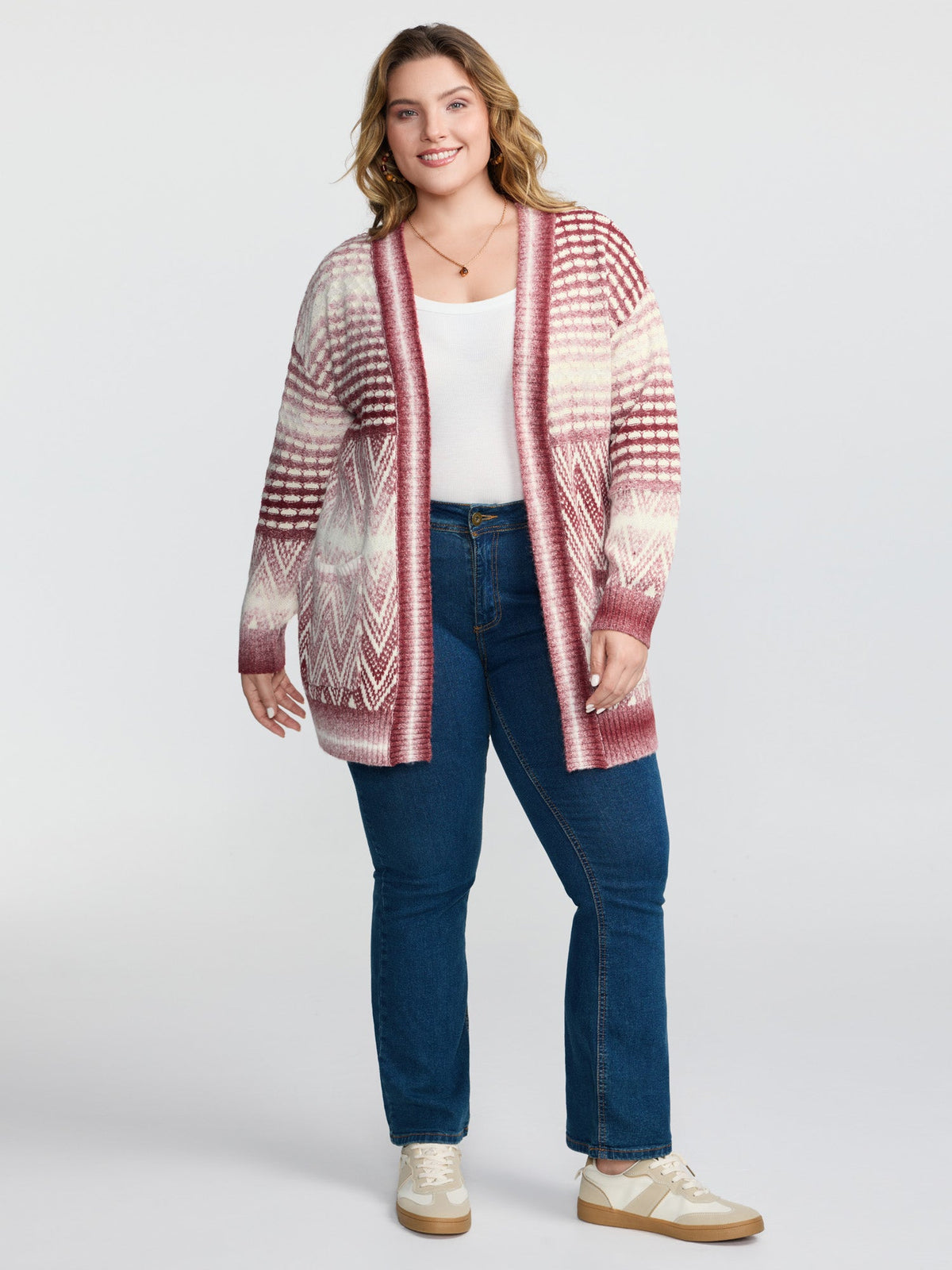 Geometric Pattern Pockets Open-Front Knit Cardigan