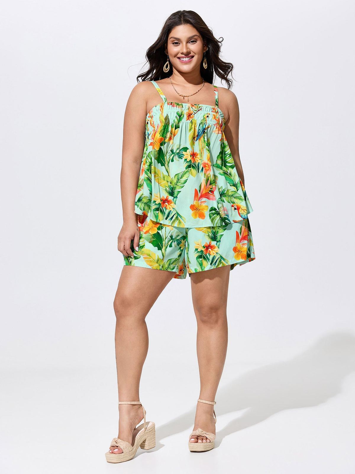 Tropical Breeze Print Shirred Neckline Tank Top