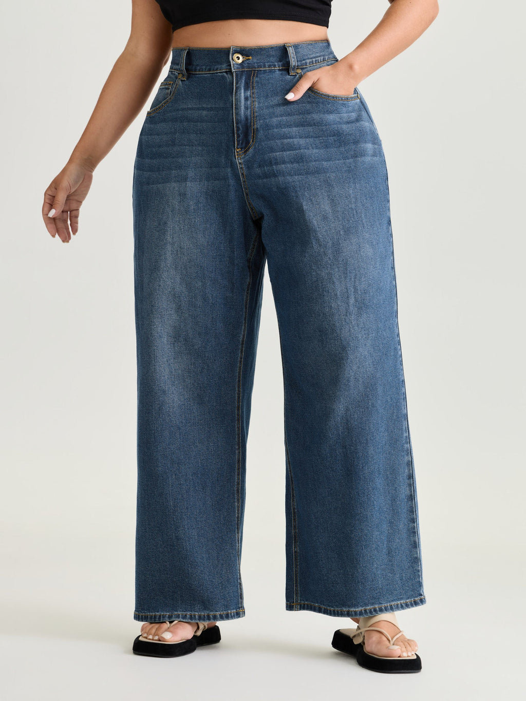 Stretchy Elastic Back Waist Wide-Leg Jeans