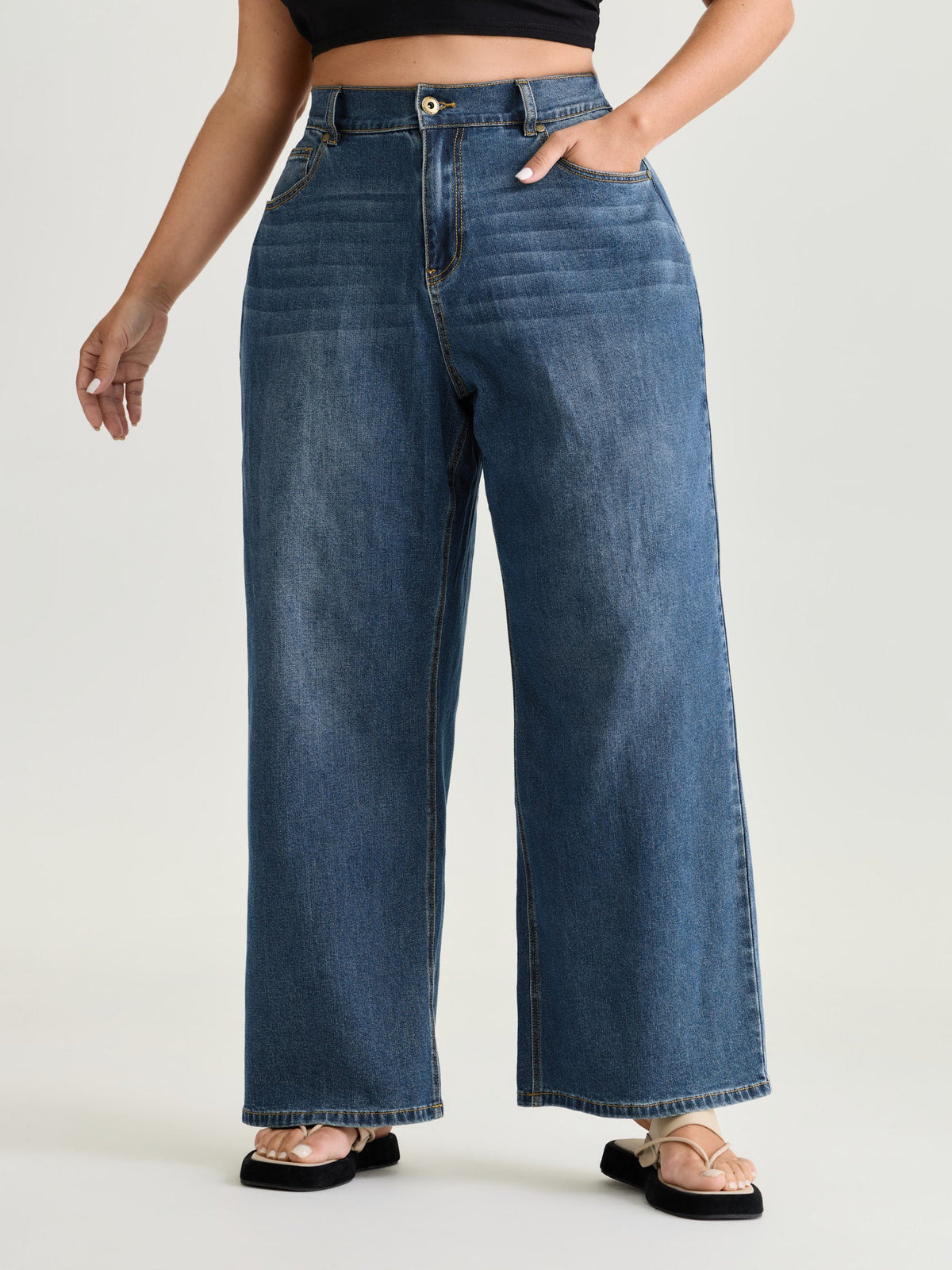 Stretchy Elastic Back Waist Wide-Leg Jeans