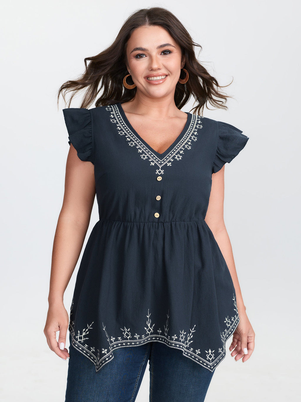 Cotton Embroidered Flutter Sleeve High-Low Hem Blouse