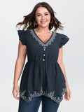 Cotton Embroidered Flutter Sleeve High-Low Hem Blouse