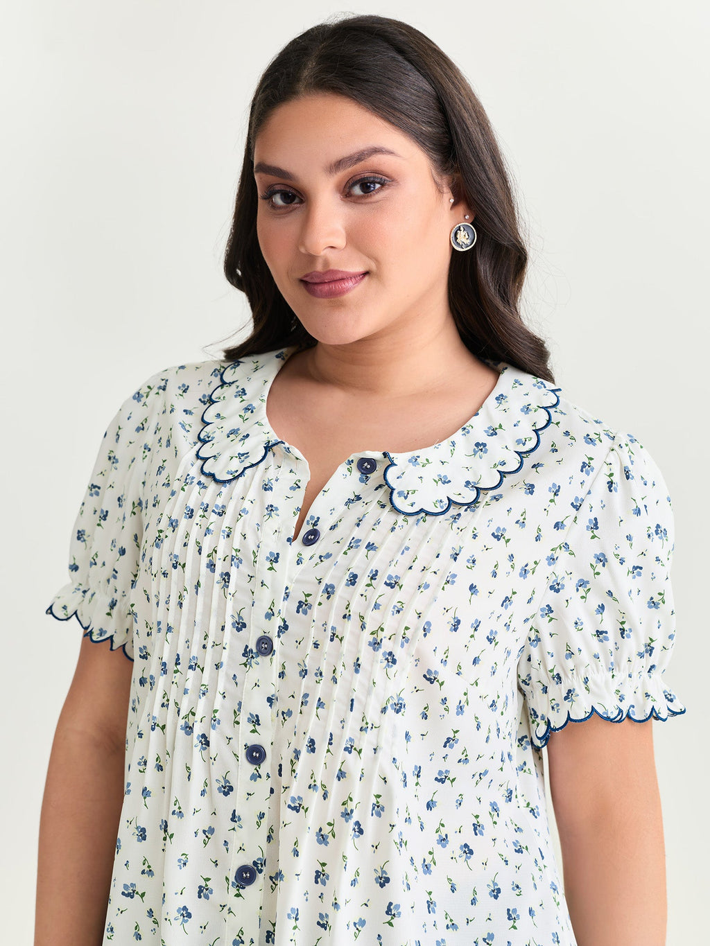 Floral Embroidery Pleated Button-Front Blouse