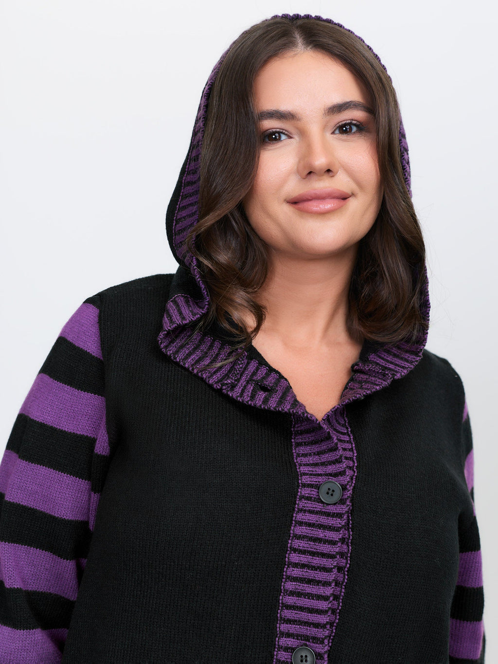 Stripes Sleeve Contrast Hooded Cardigan