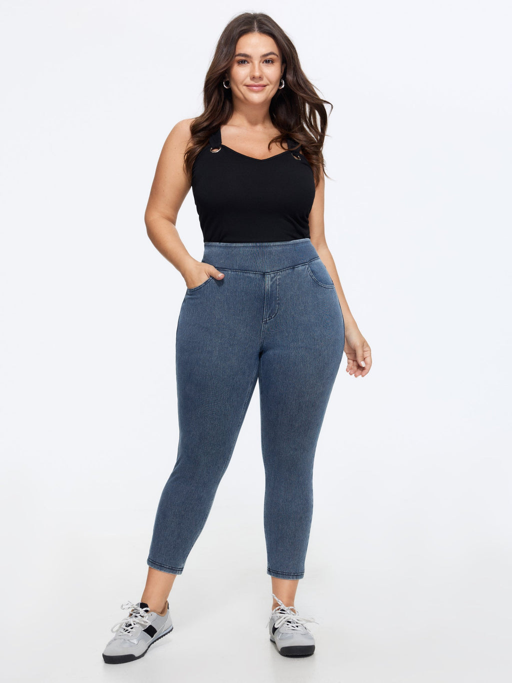 Stretchy Wide Waistband Pull-On Knit Jeans
