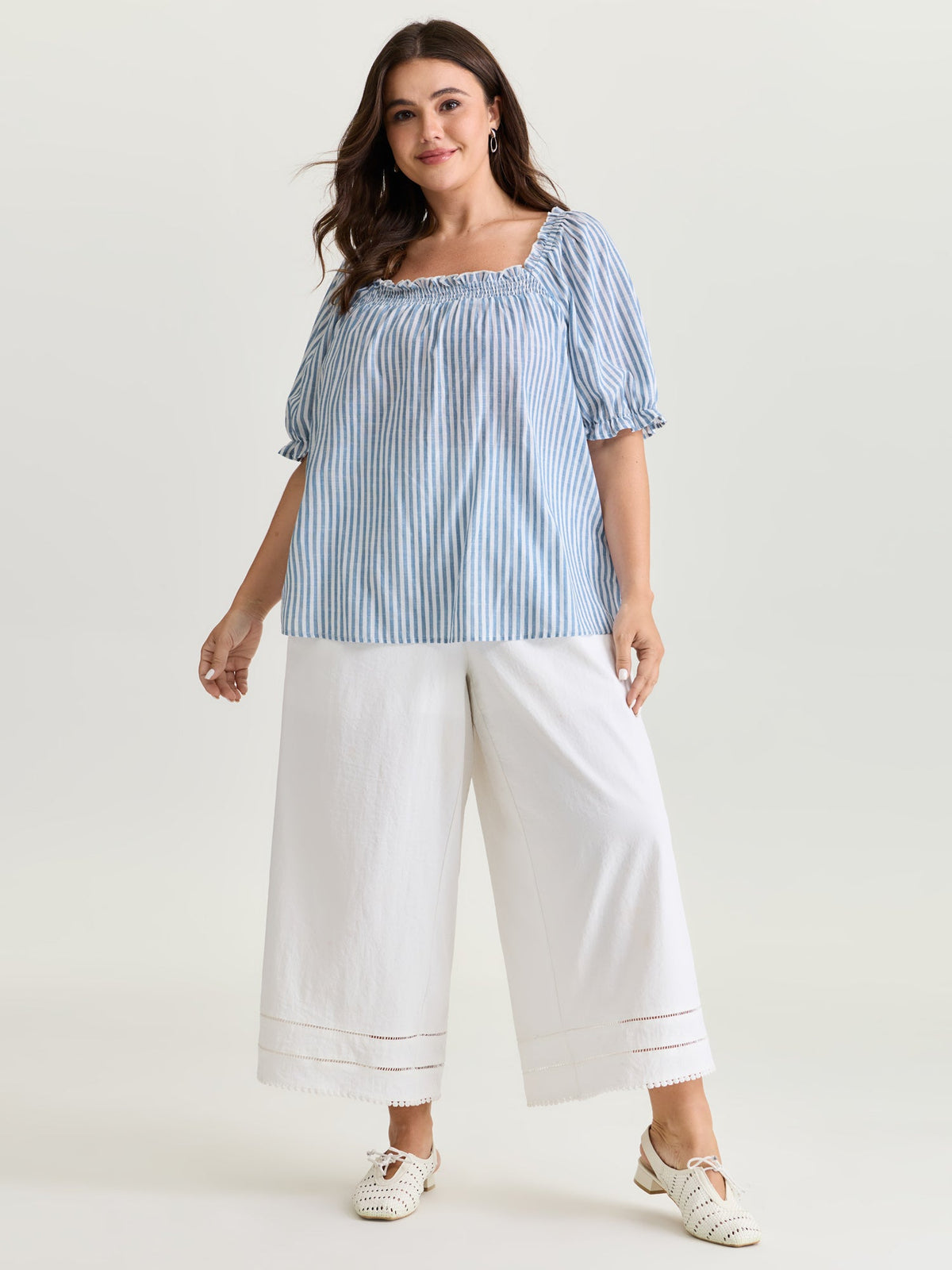 Cotton Striped Shirred Bust-Friendly Neckline Blouse