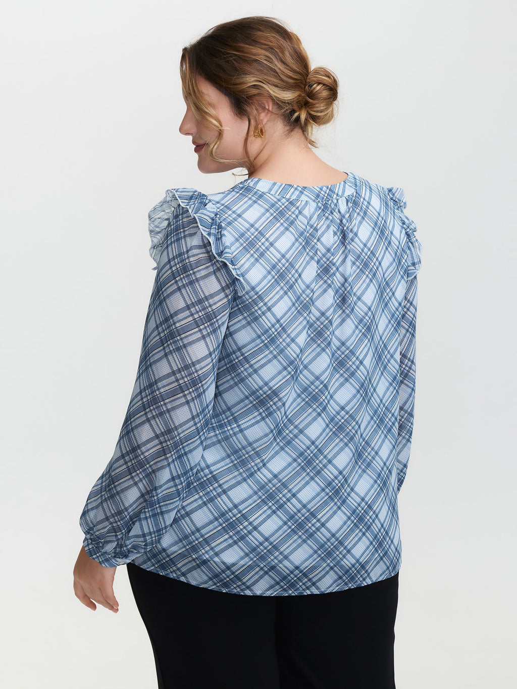Plaid Print Sheer Ruffled Blouse