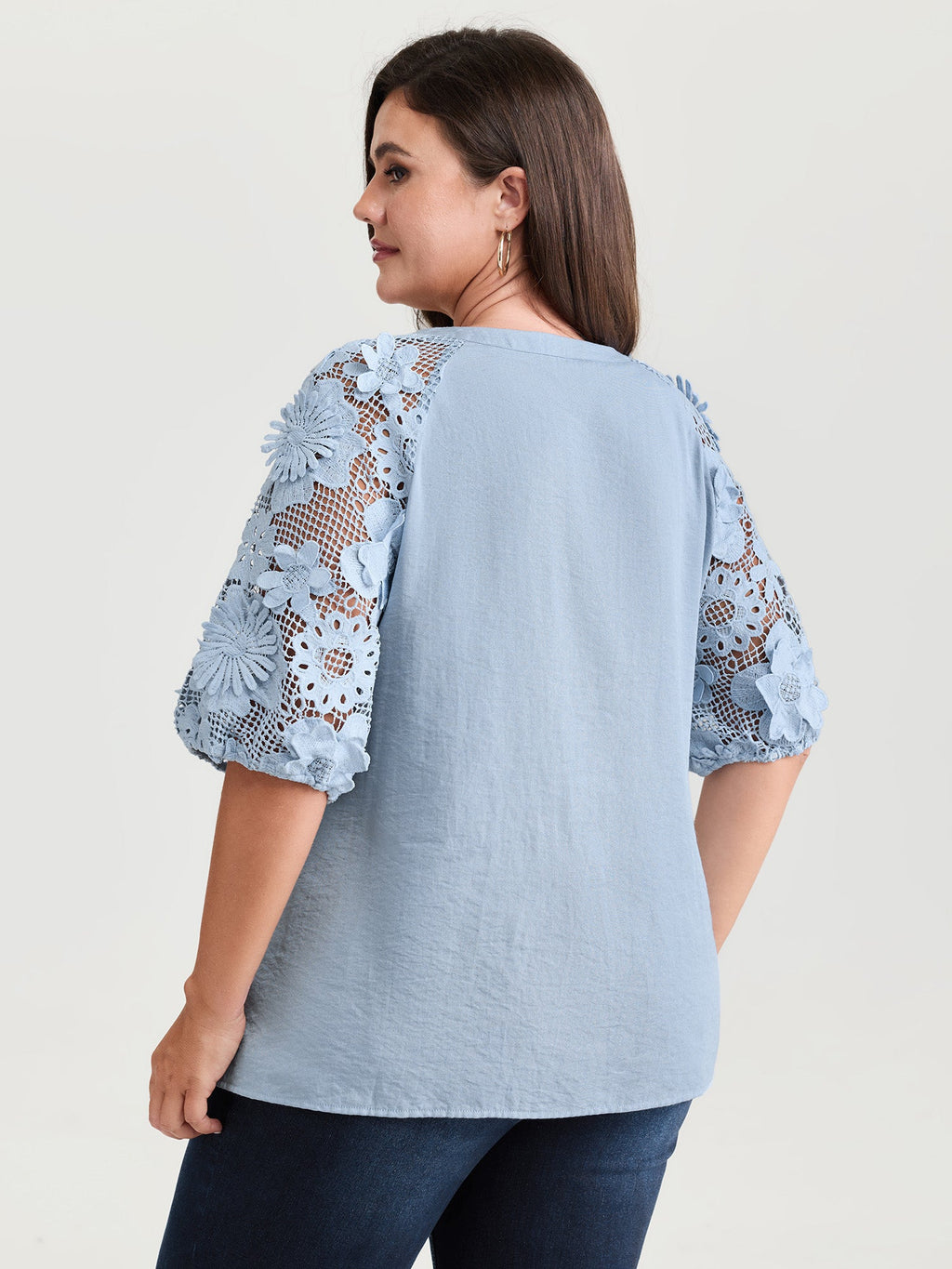 3D Floral Sleeve Spliced Flowy Blouse