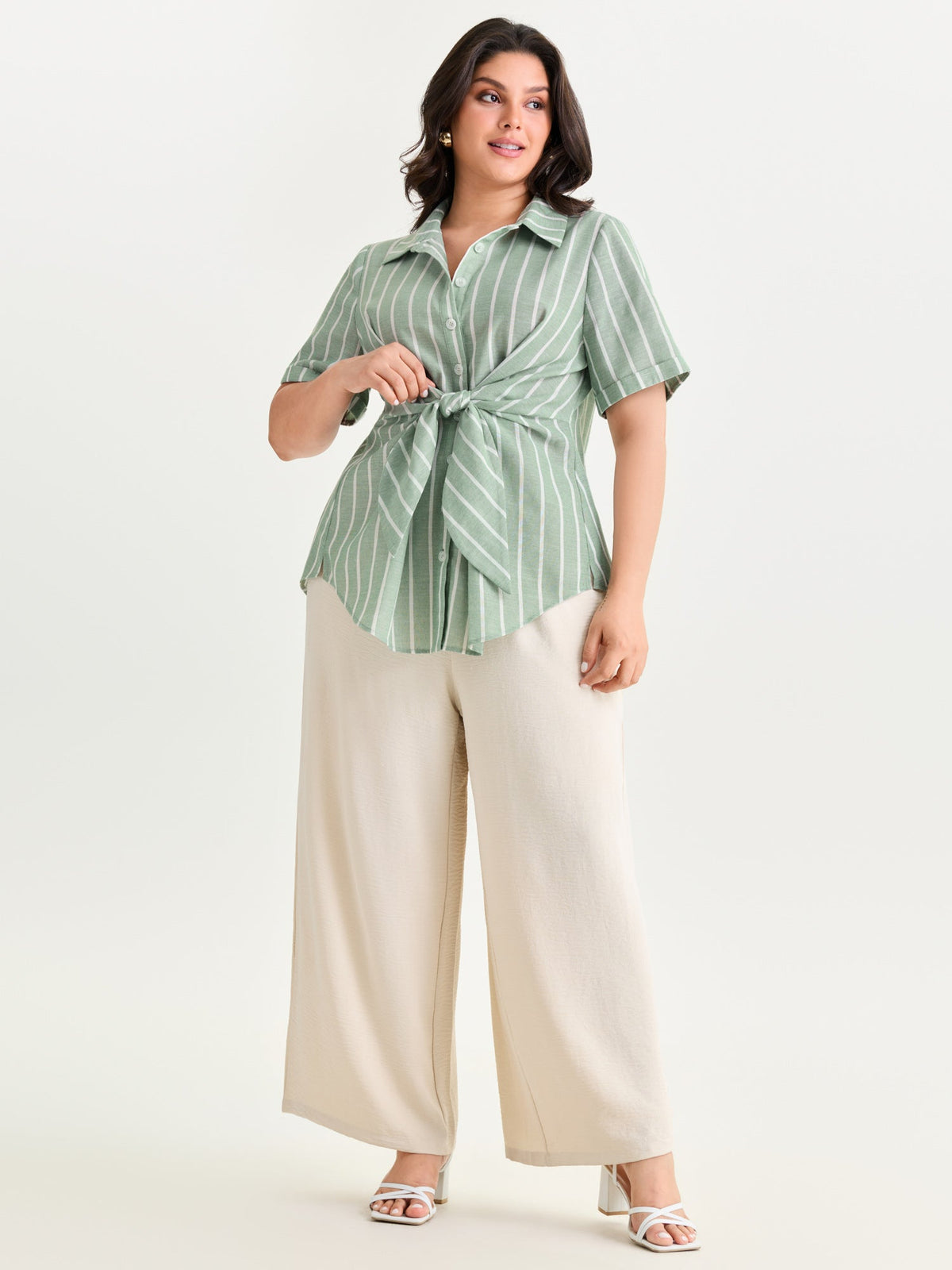 Striped Knotted Front Asymmetrical Hem Blouse