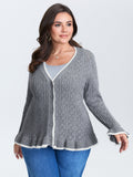 Textured Color Contrast Ruffled Hem Knit Cardigan