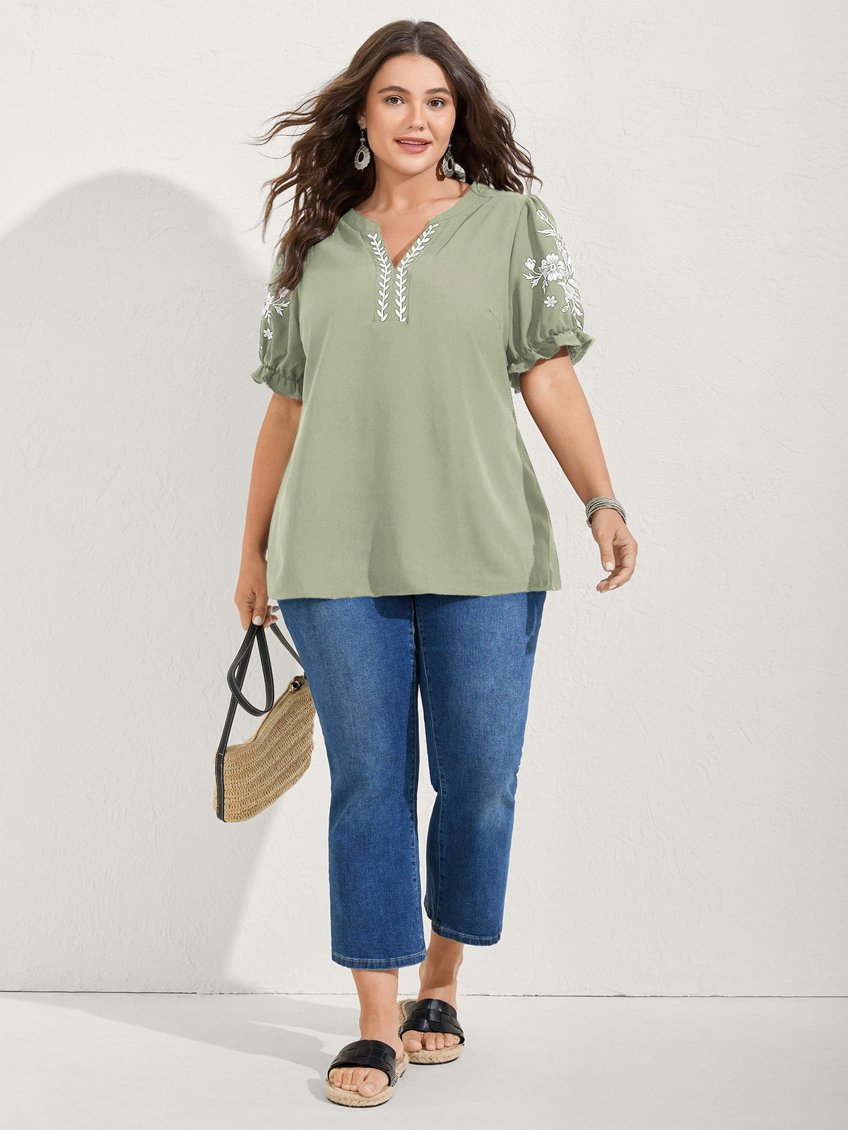 Notched Collar Embroidered Ruffled Blouse