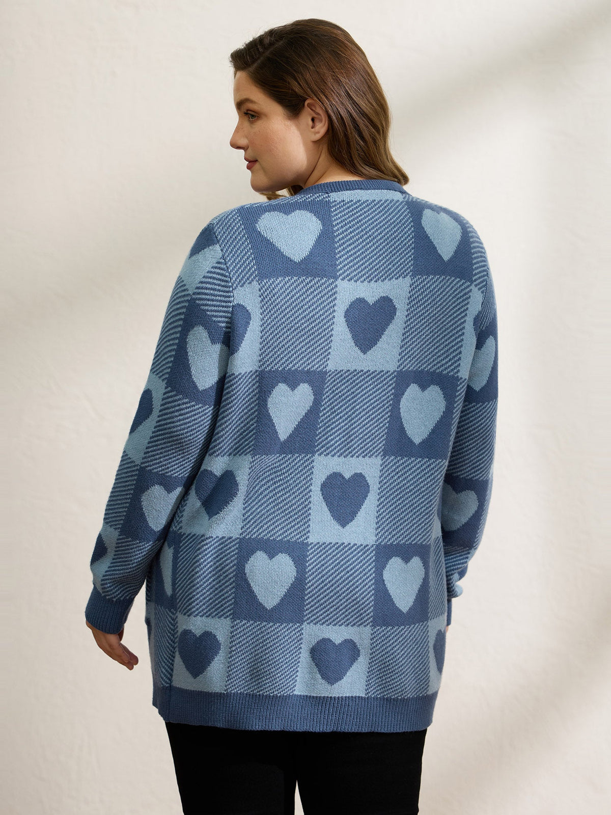 Supersoft Checkered Hearts Jacquard Pockets Knit Cardigan