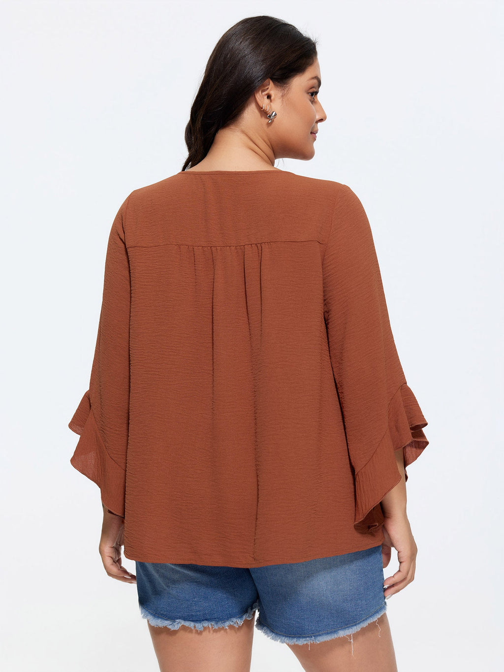 Ruffled Flared Sleeve Plain Blouse