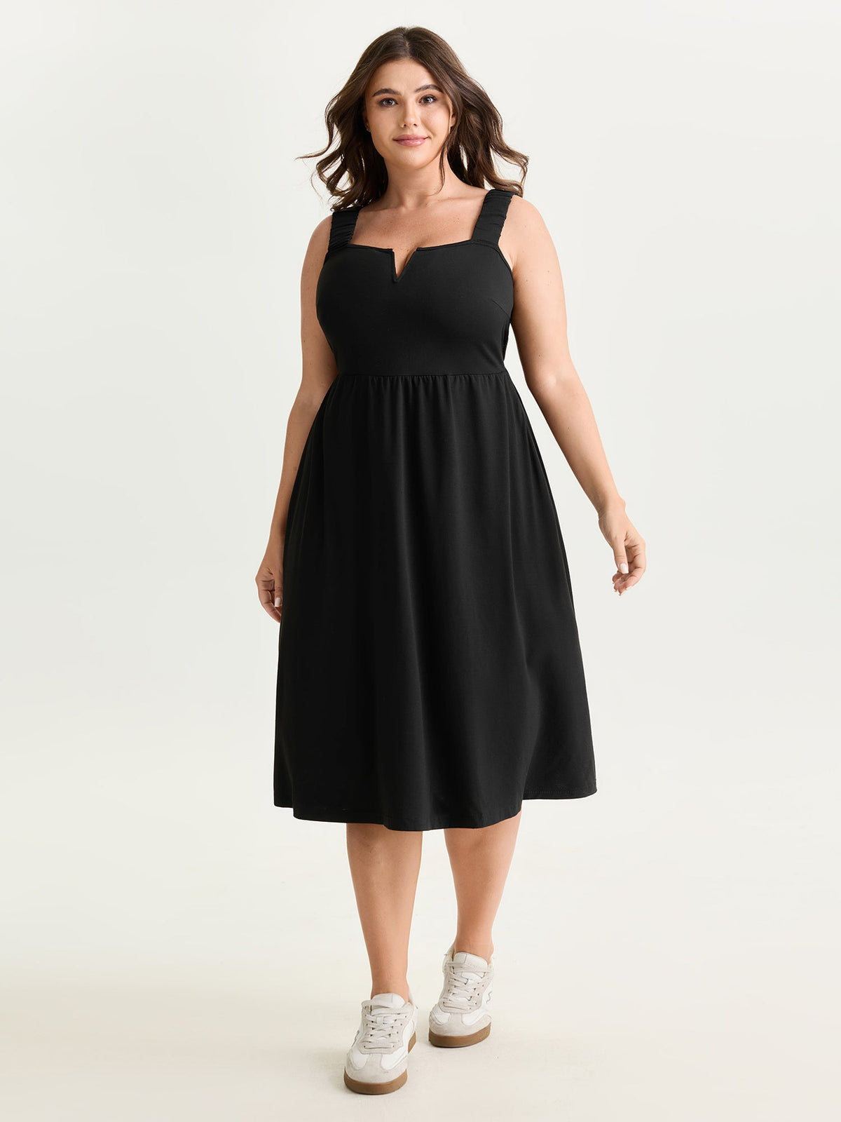 Supersoft Stretchy Wide-Straps Plain Midi Dress
