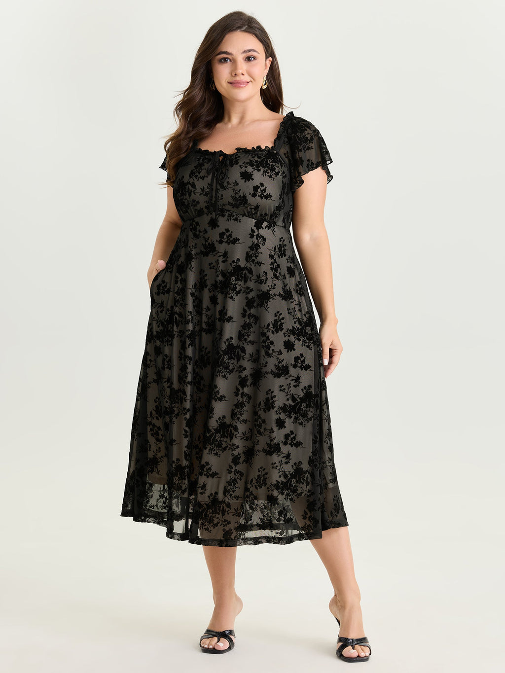 Floral Mesh Cut Stretchy Midi Dress