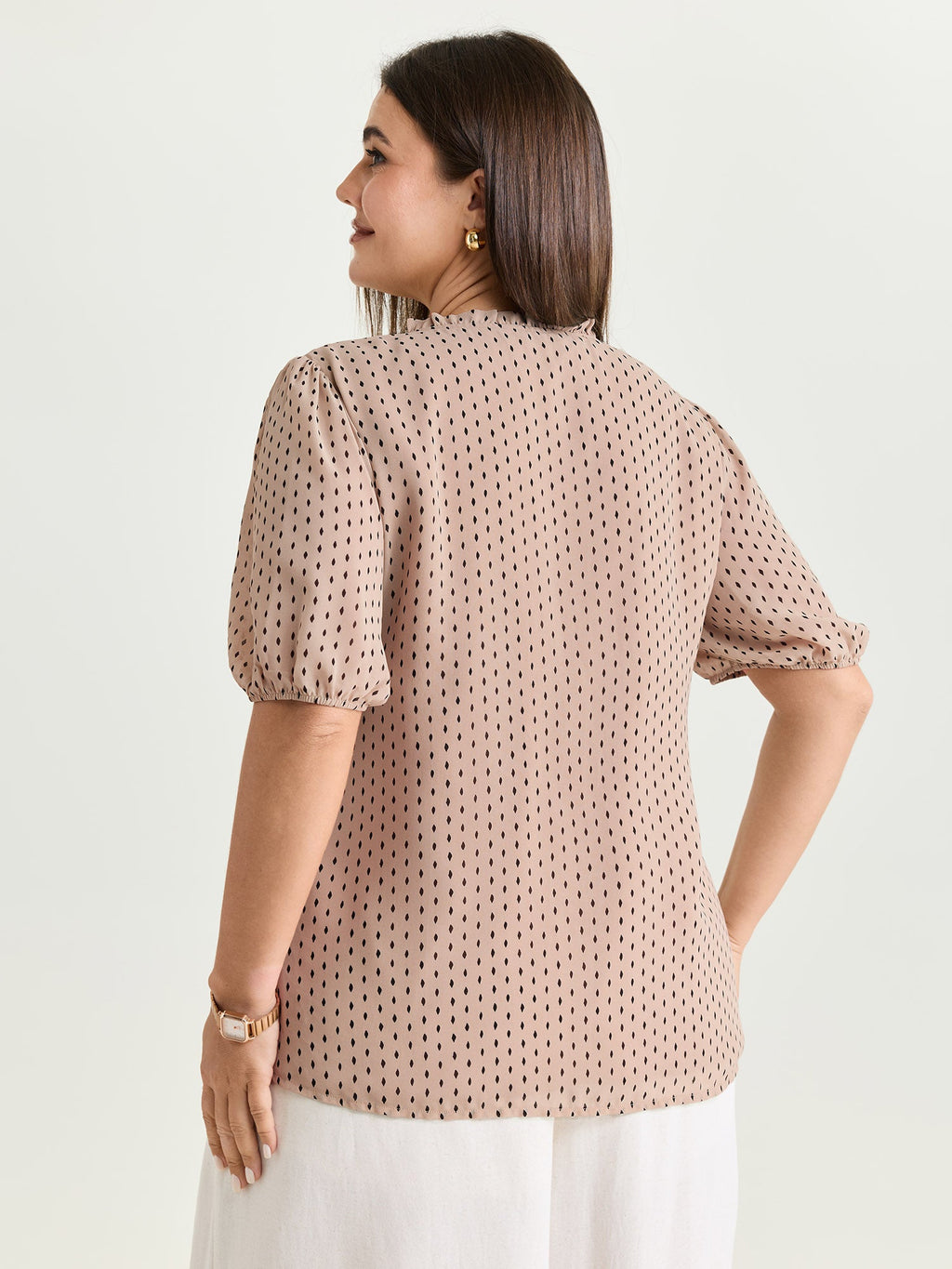 Geometric Print Pleated Ruffled Neck Blouse