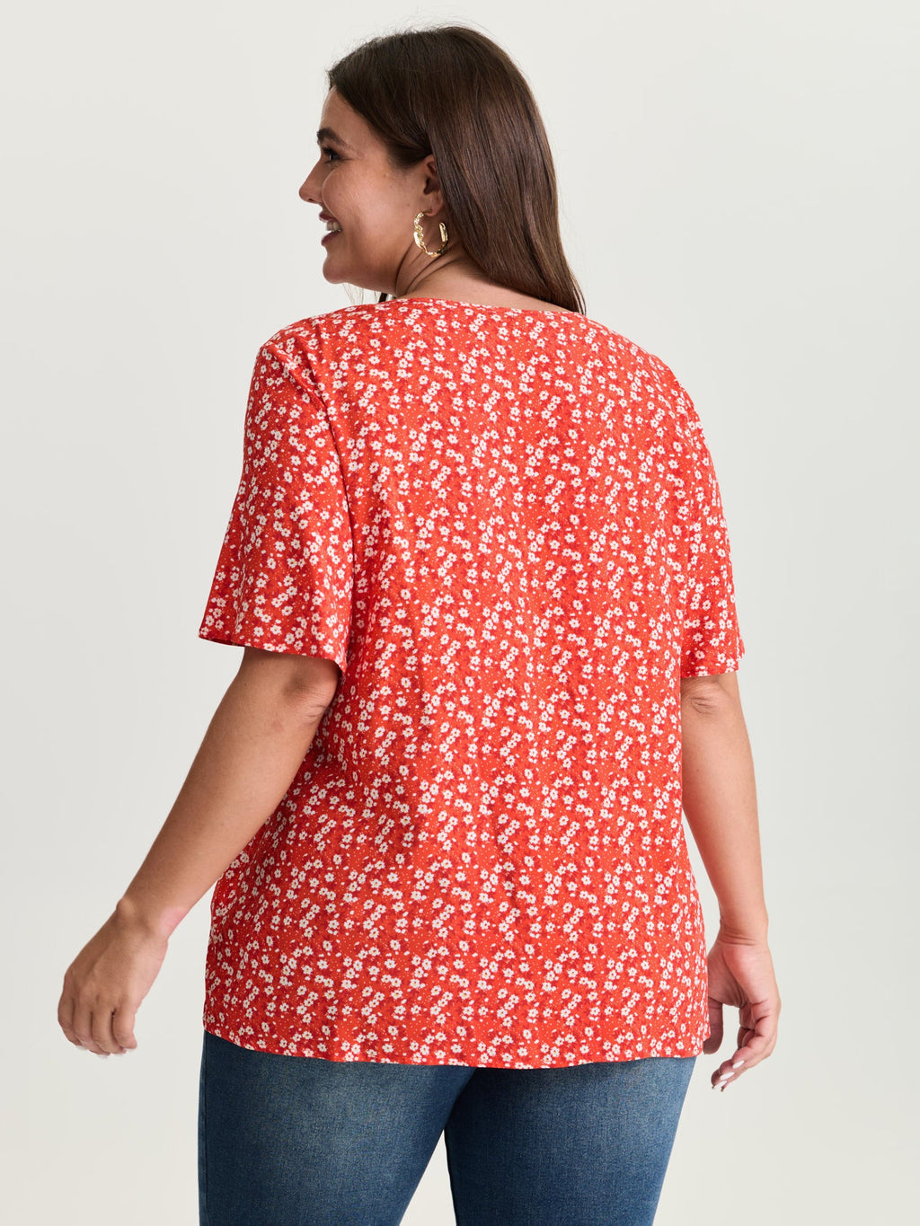 Floral Ruffle Sleeve Gathered Round Neck Blouse