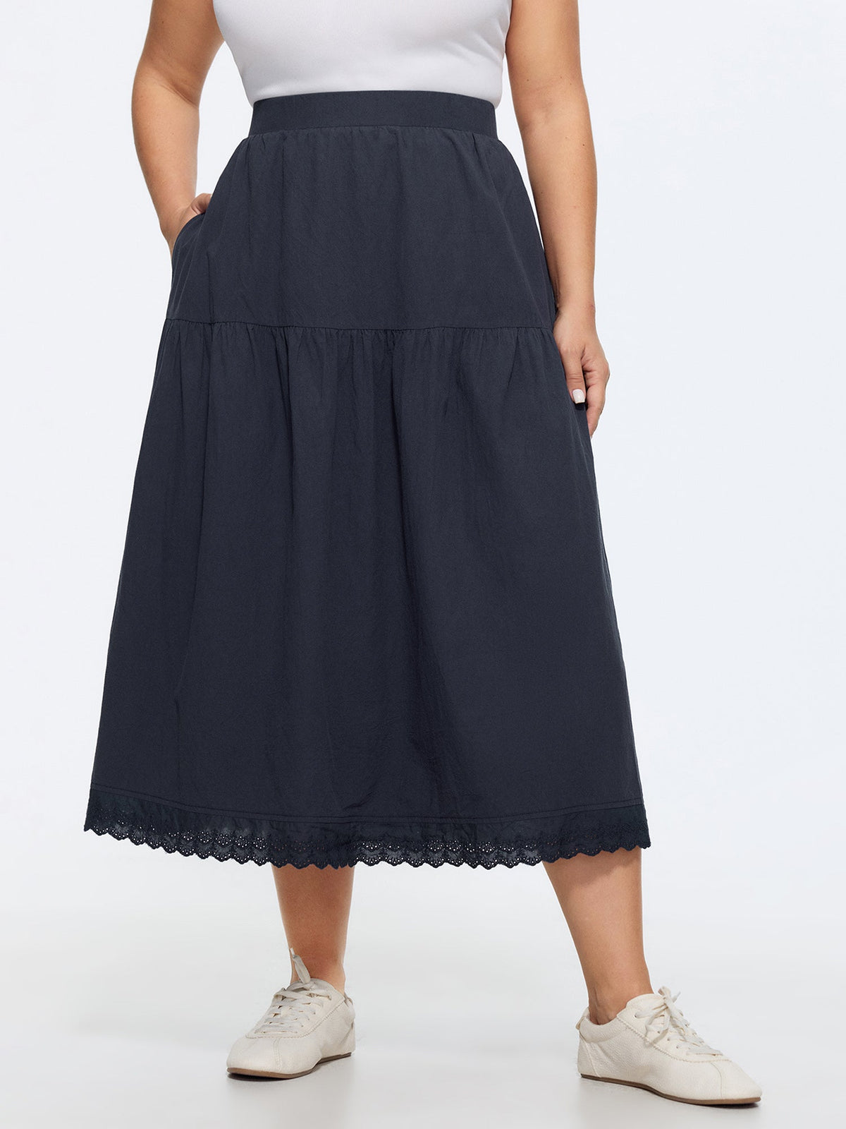 Cotton Lace Trim Tiered Flowy Maxi Skirt