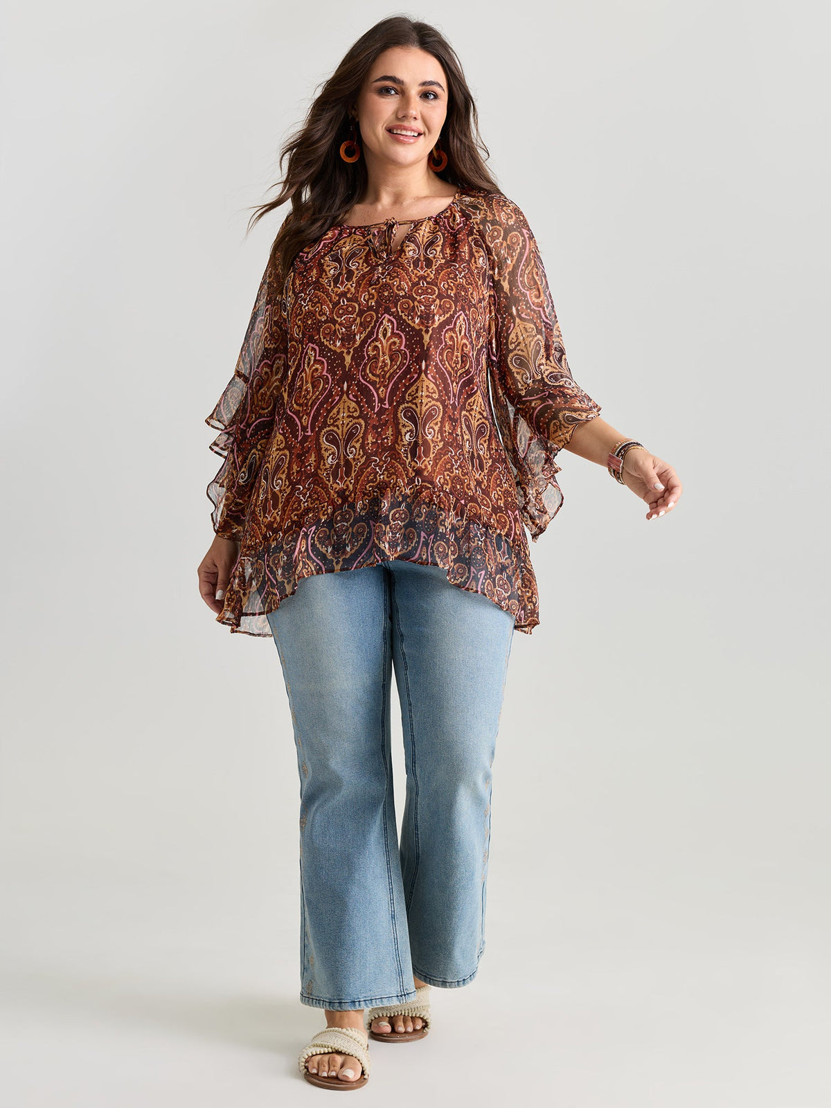 Boho Geometric Print Ruffled Sleeve Blouse