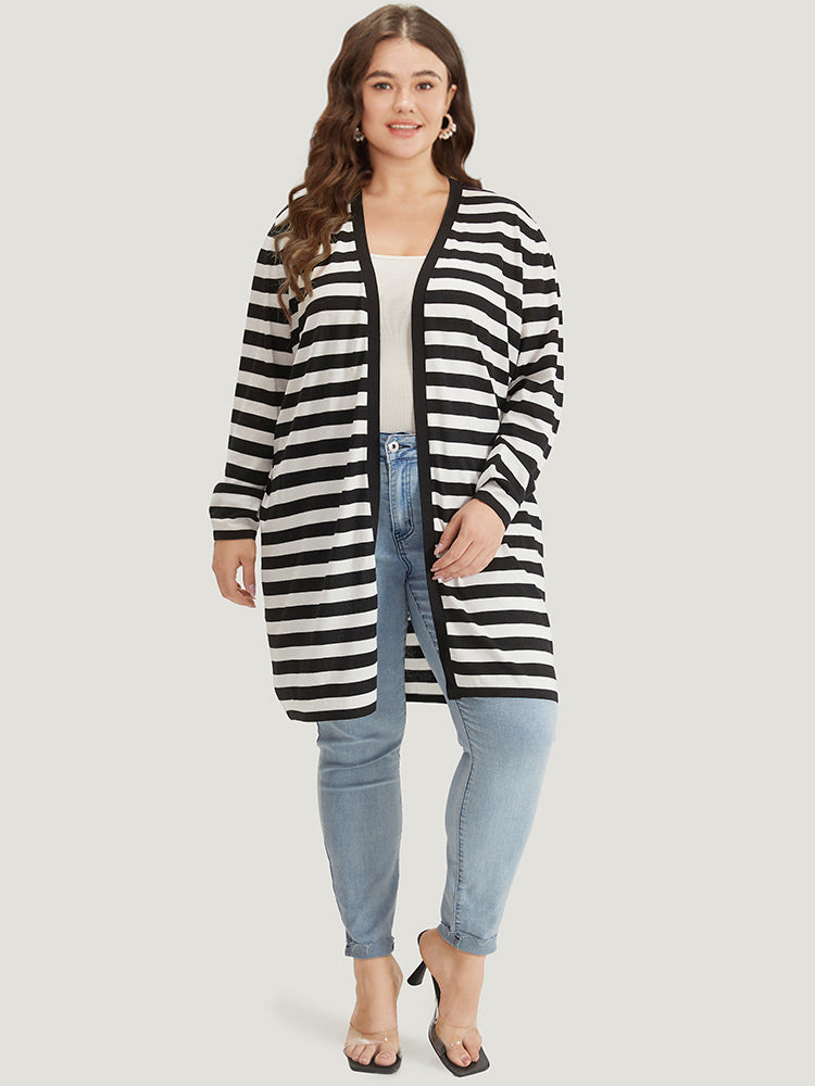 Striped Open Front Drop Shoulder Tunic Cardigan