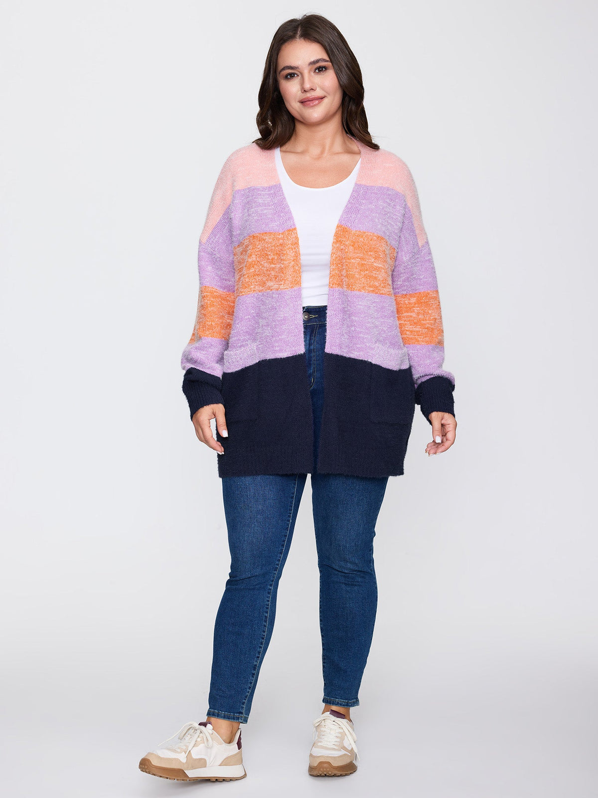 Furry Textured Colorblock Knit Cardigan