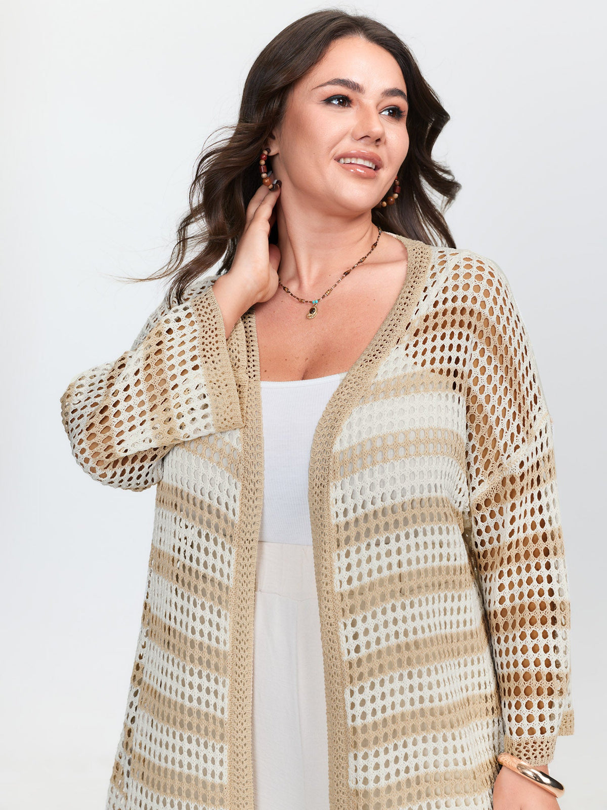 Crochet V-Neck Striped Knit Cardigan