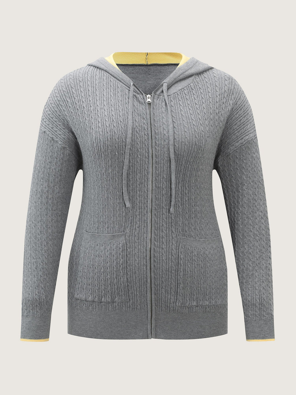 Textured Contrast Hooded Zipper Knit Cardigan