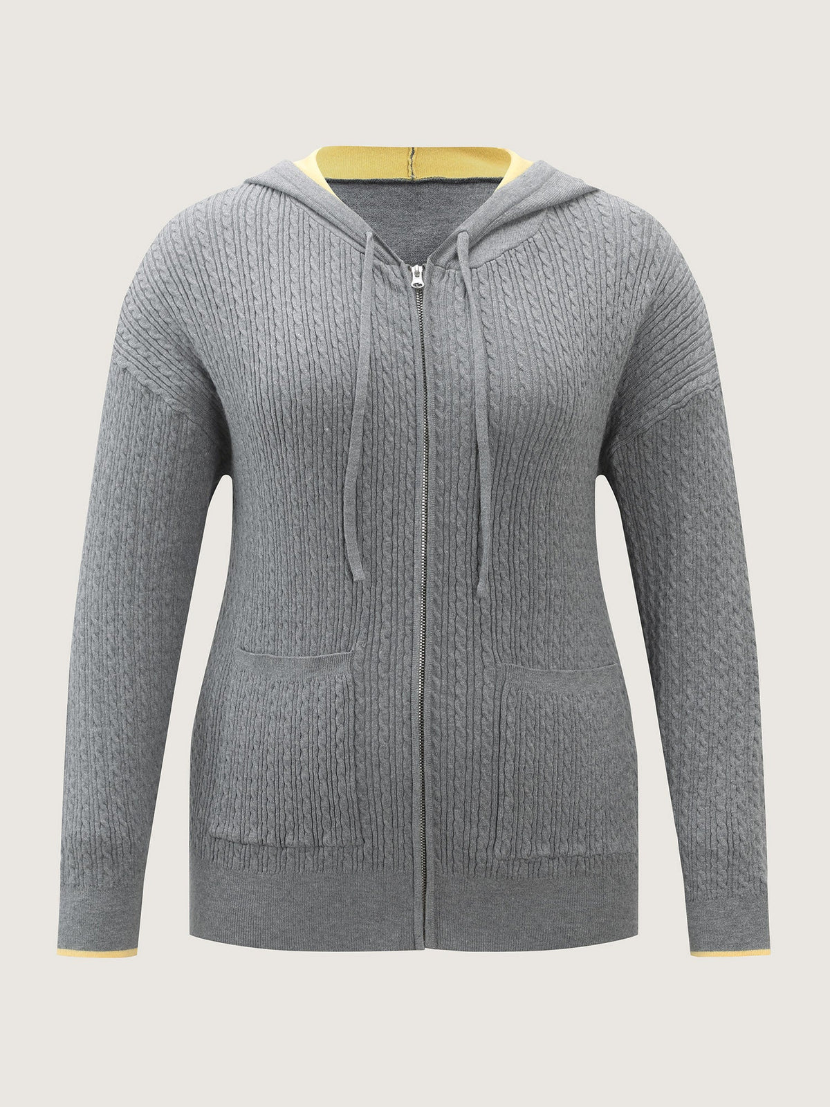 Textured Contrast Hooded Zipper Knit Cardigan