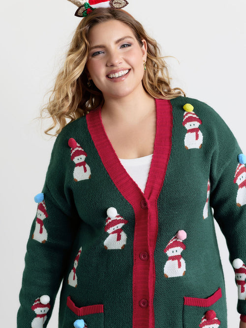 3D Snowman Jacquard Placket Knit Cardigan