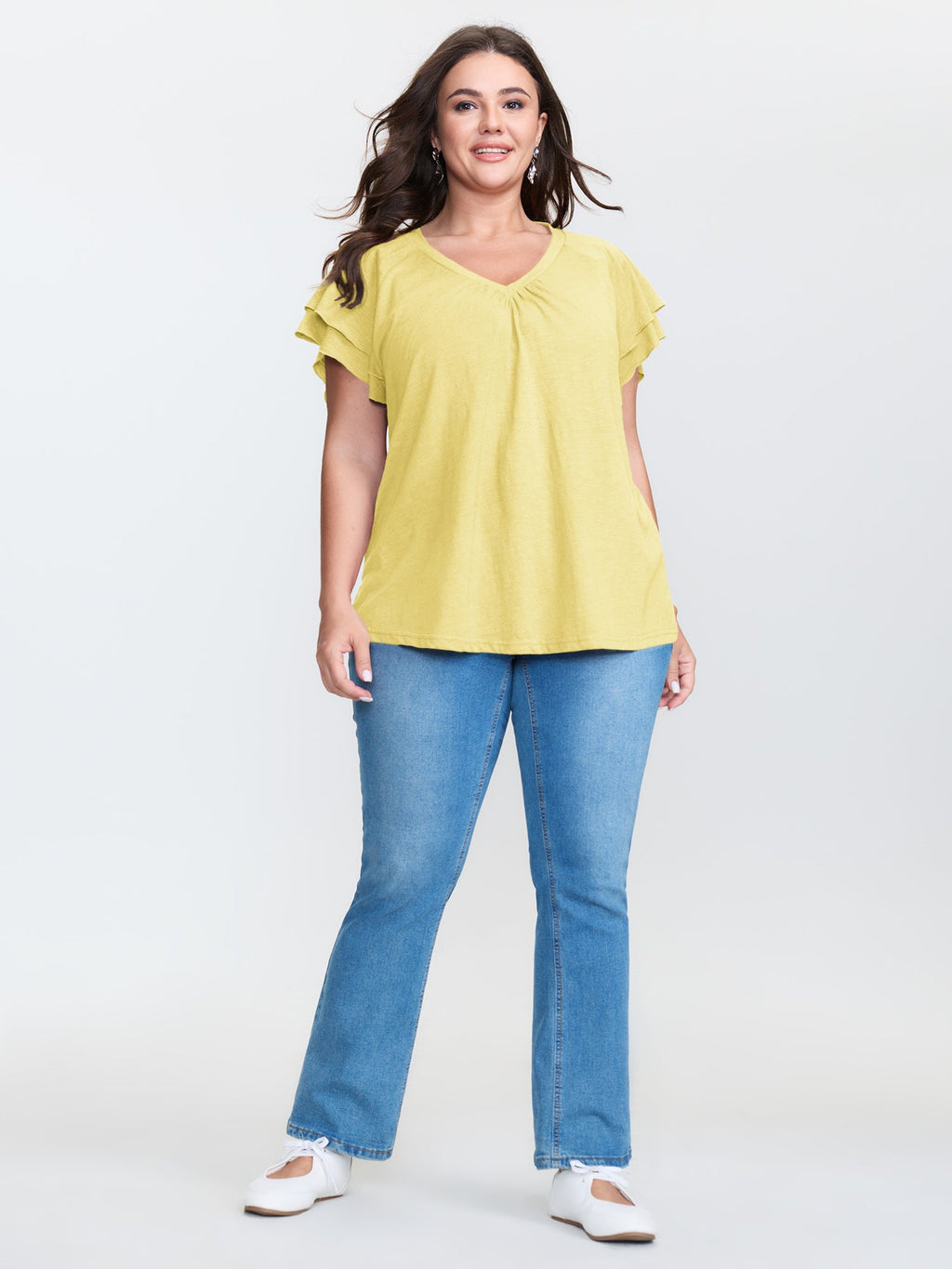 Stretchy Textured Flared Sleeve T-Shirt
