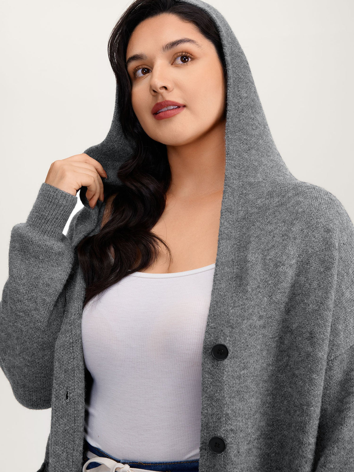 Hooded Button Slit Pockets Knit Cardigan
