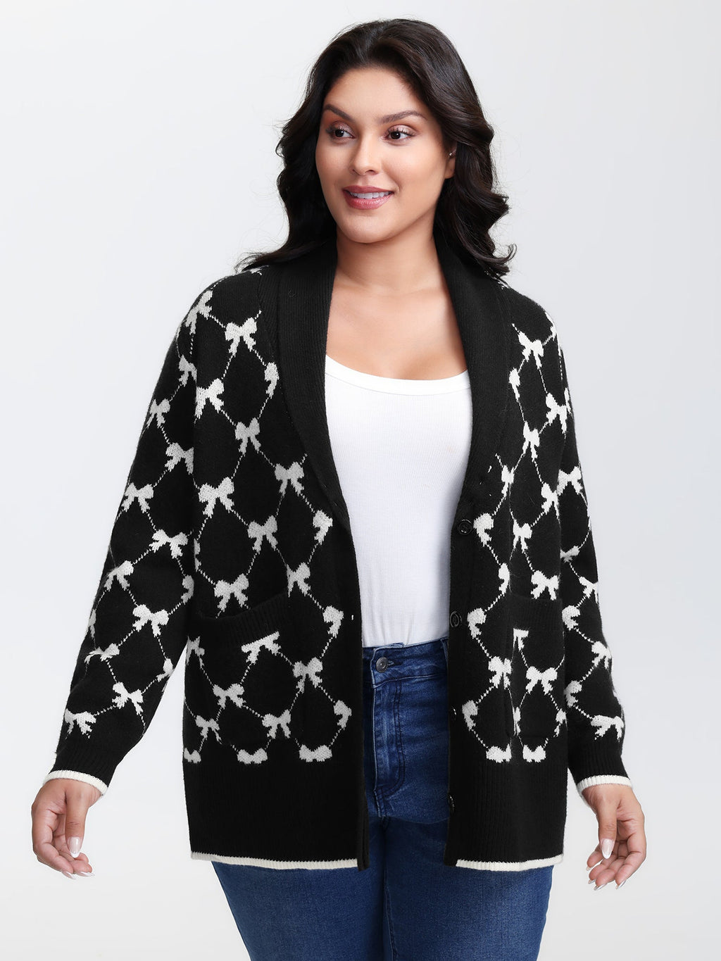Bowknot Jacquard Button Knit Cardigan