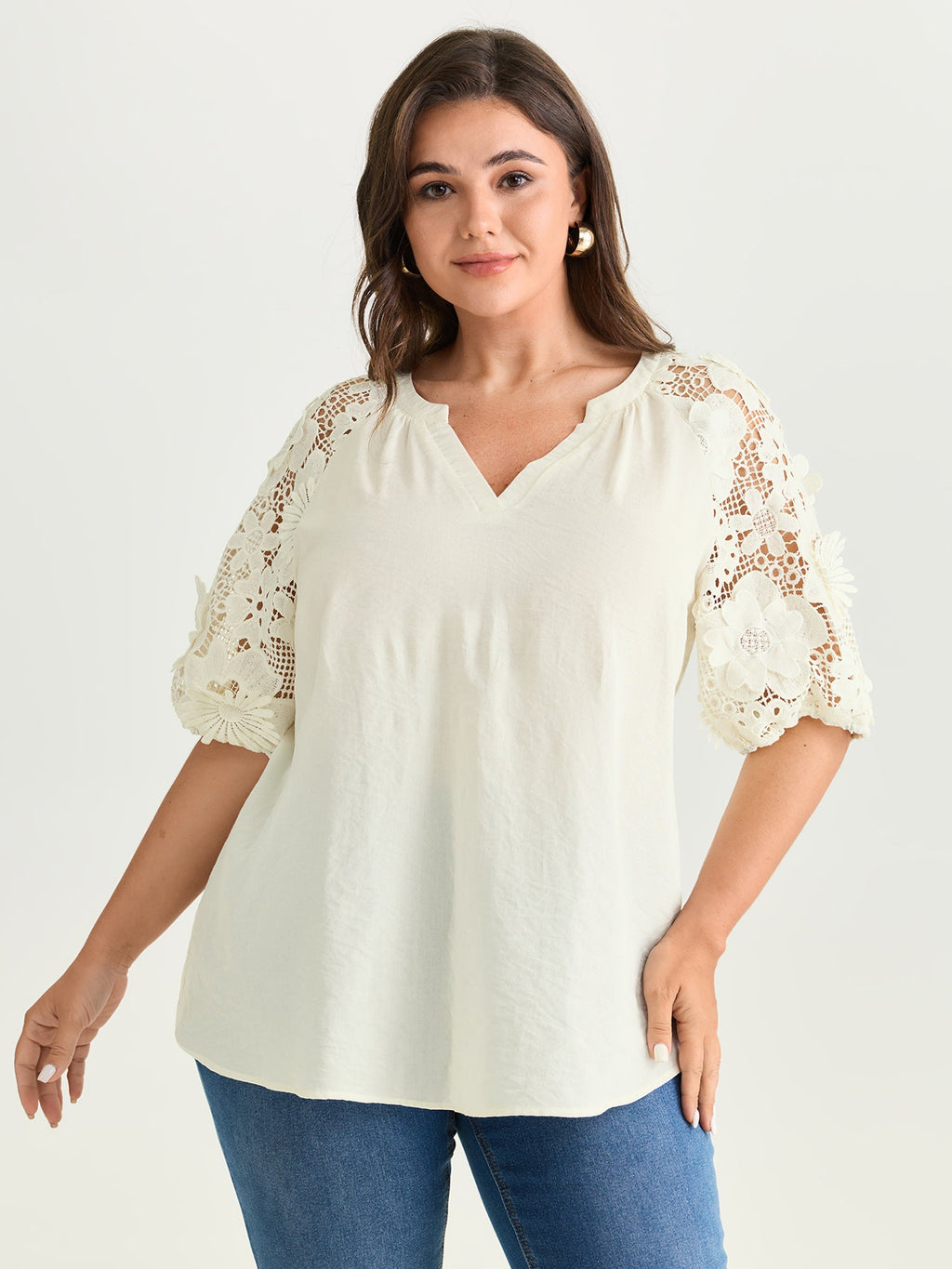 3D Floral Sleeve Spliced Flowy Blouse