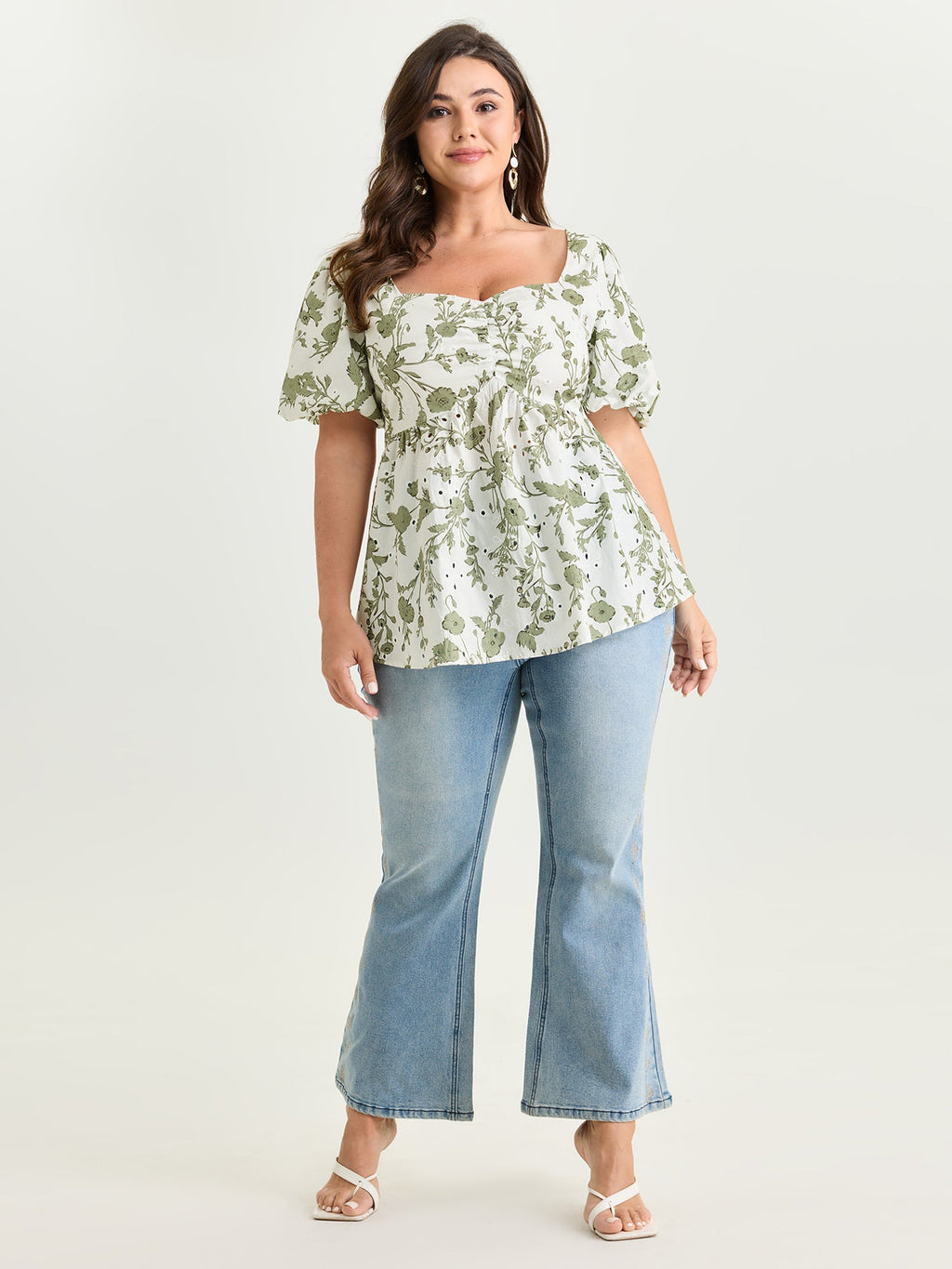 Cotton Floral Print Ruched Bubble Sleeve Blouse