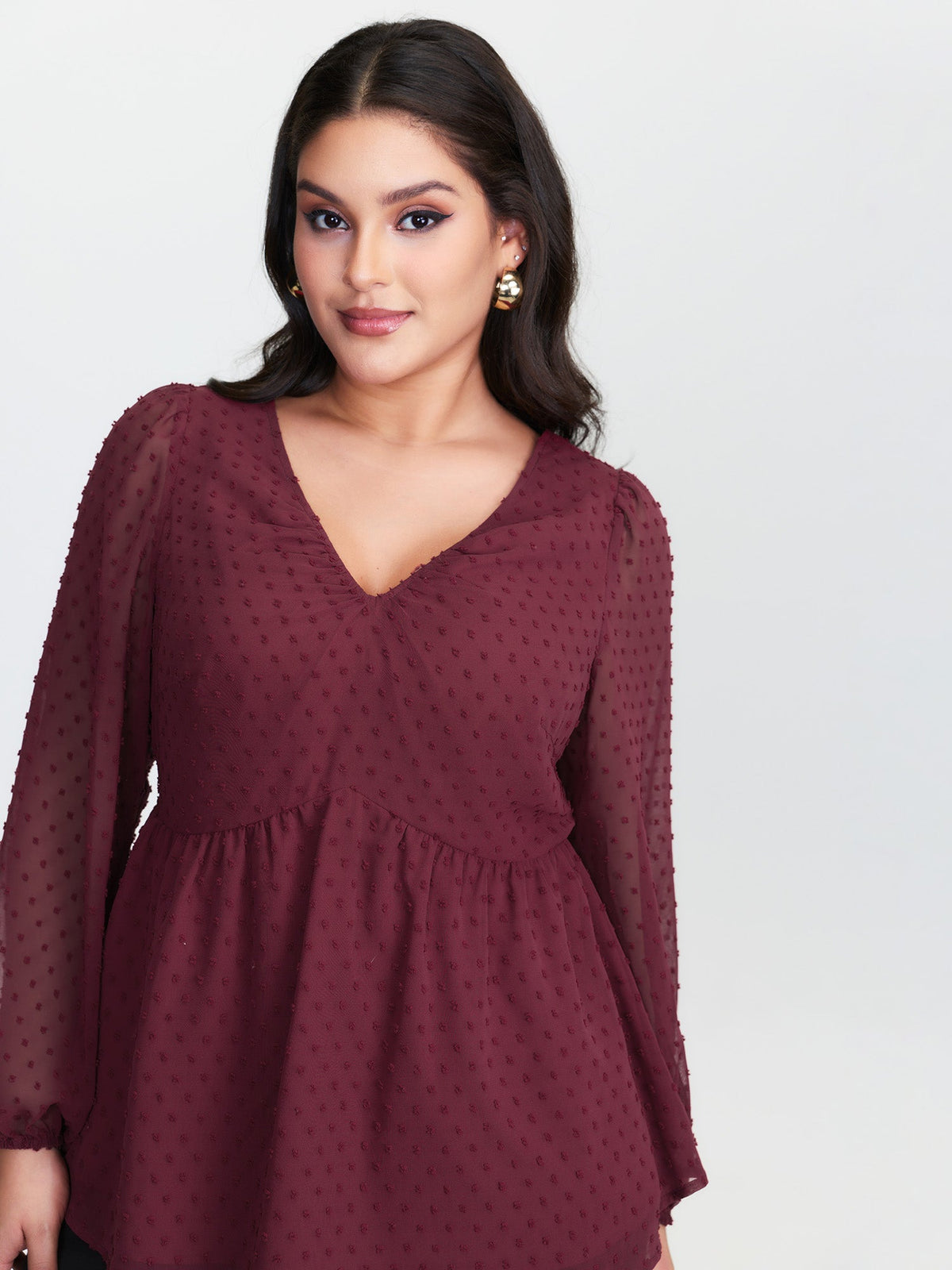 Polka Dot Jacquard Textured Shirred Blouse