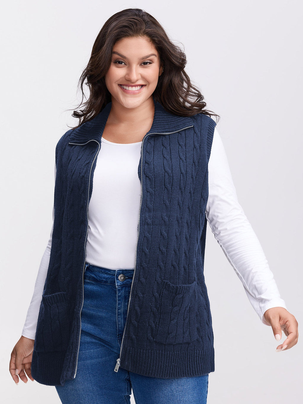 Cable Zipper Sleeveless Knit Cardigan