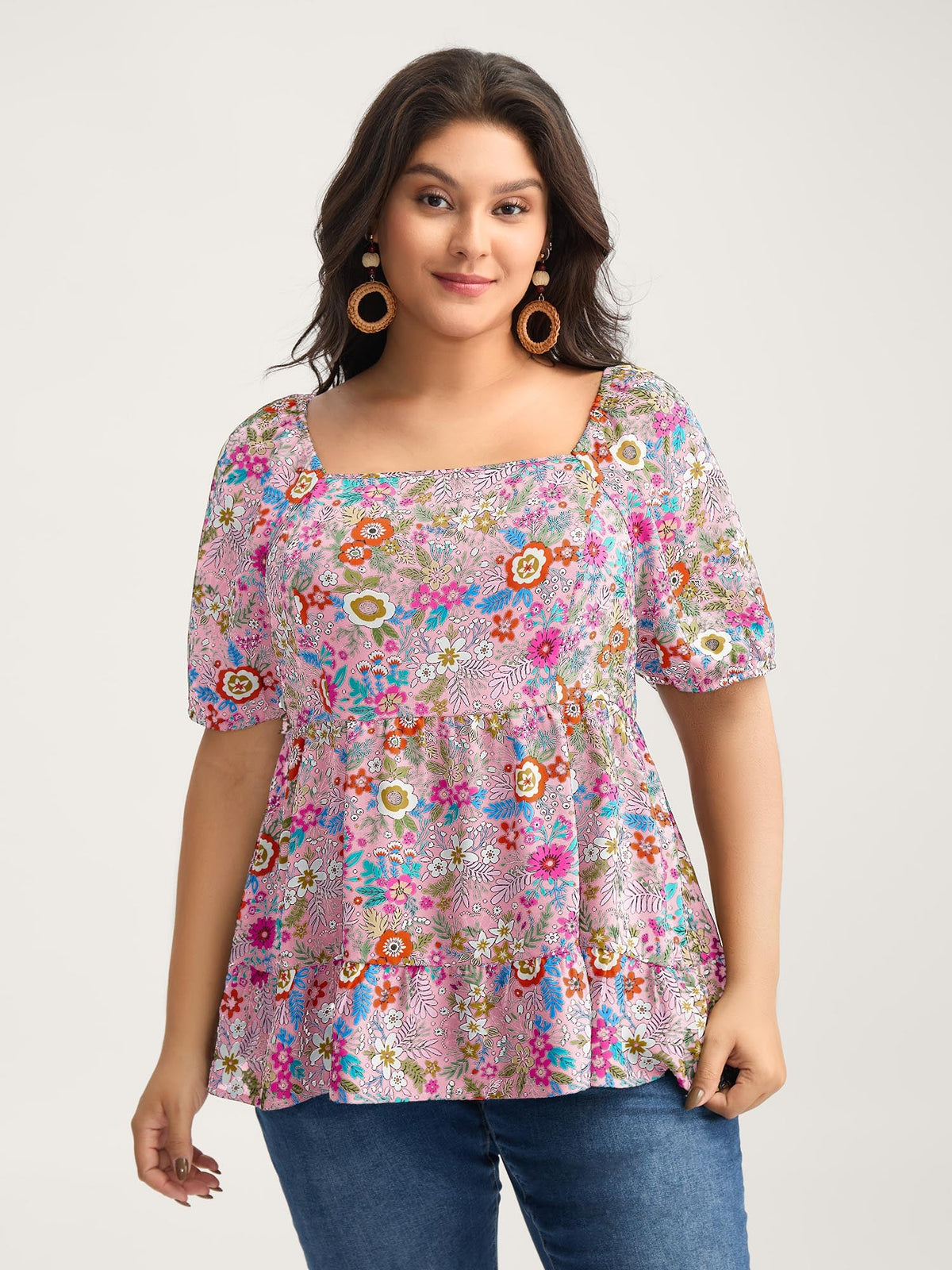 Floral Square Neck Fit and Flare Blouse