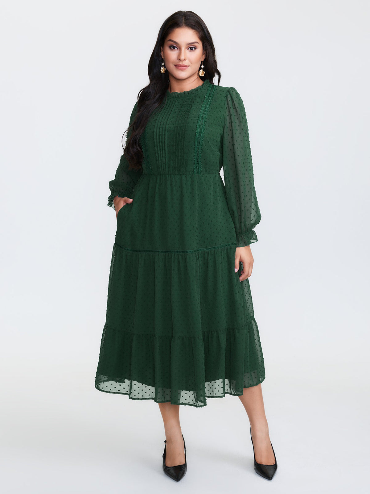 Textured Tiered Ruffled Neckline Midi Dress