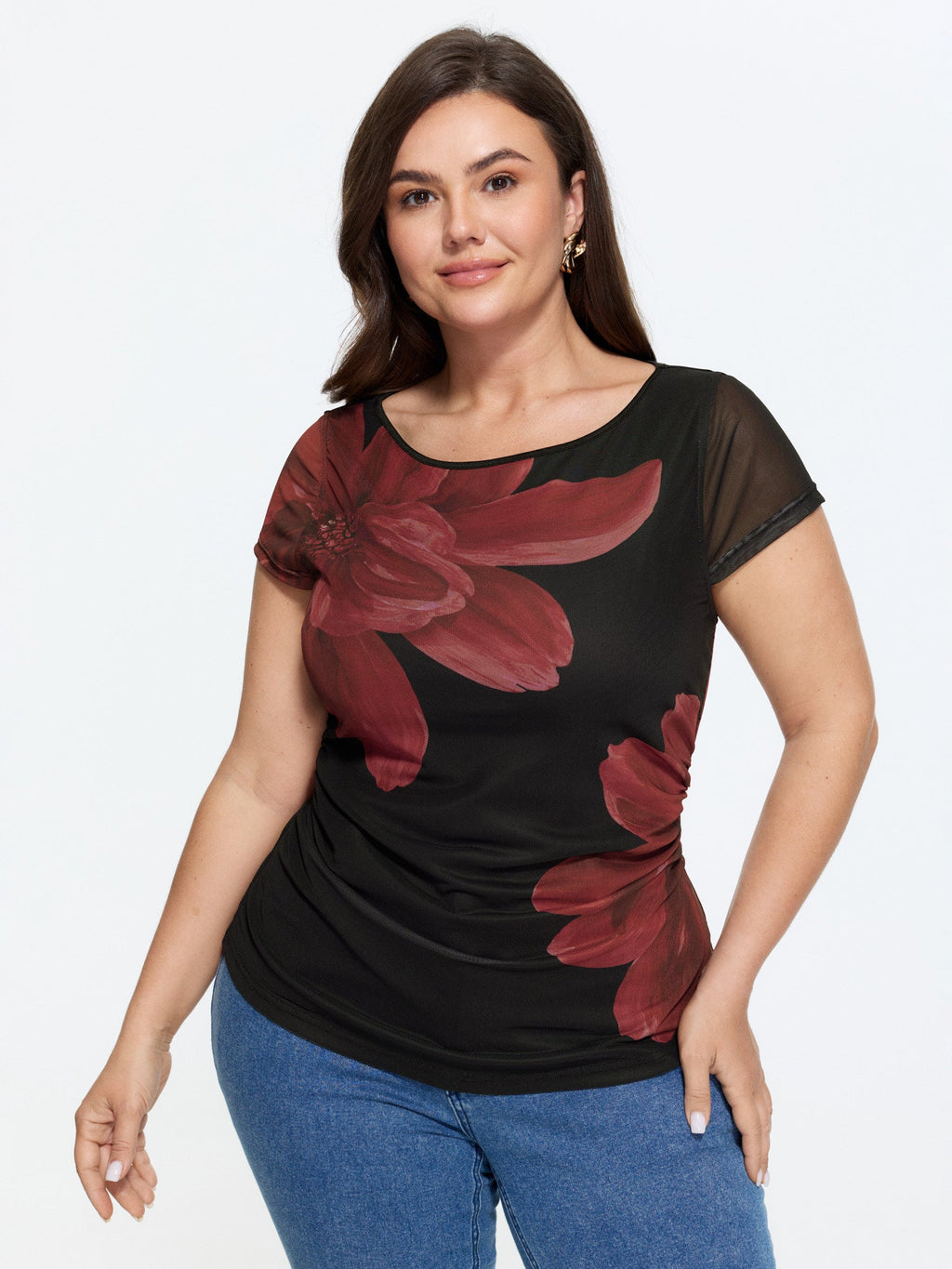 Floral Print Boat Neckline Fitted T-Shirt