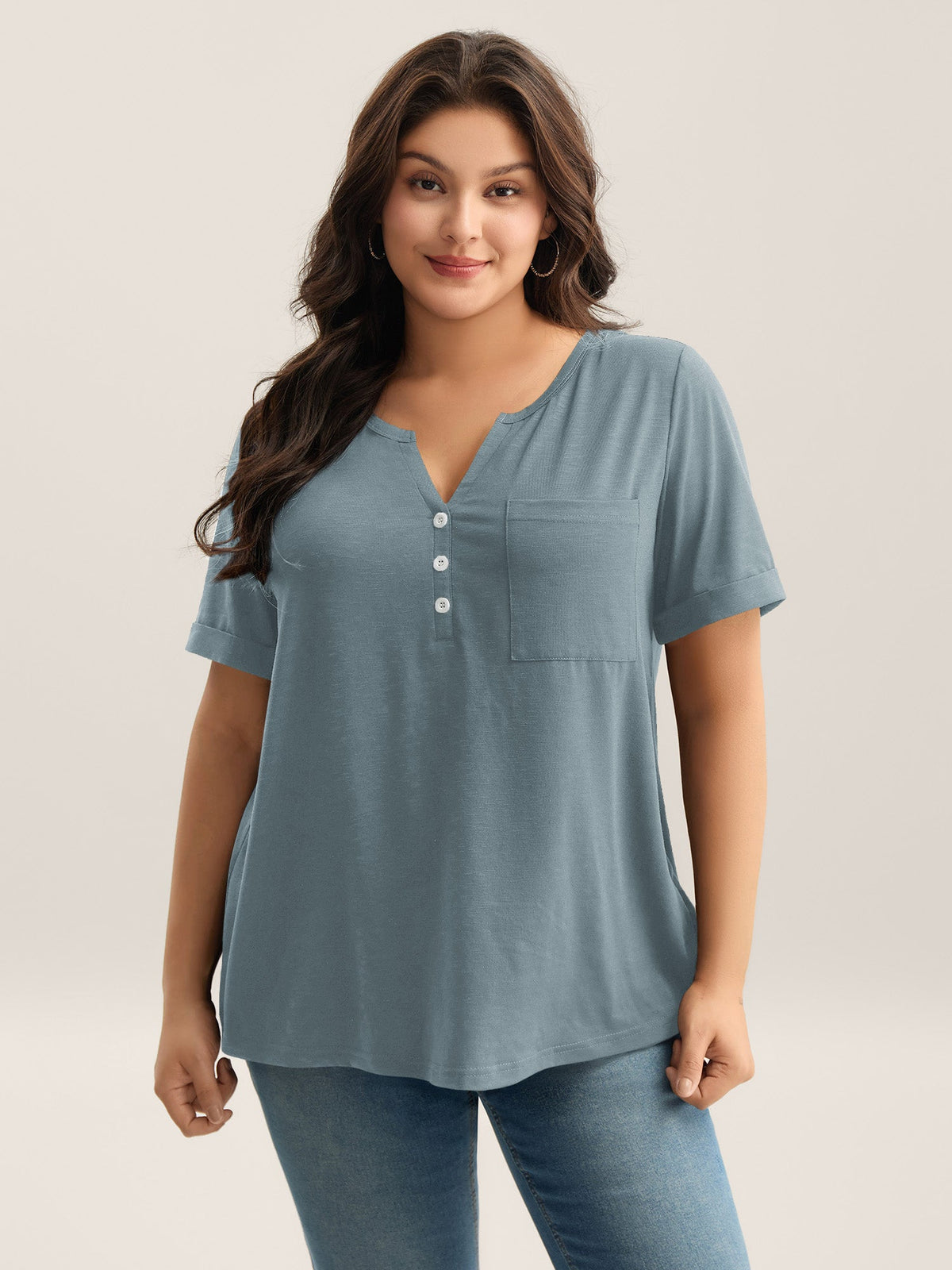 Solid Split Neck Button Detail T-Shirt