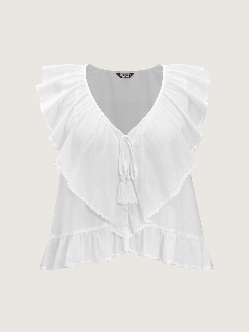 Cotton Ruffled Edges Tassel Plain Blouse