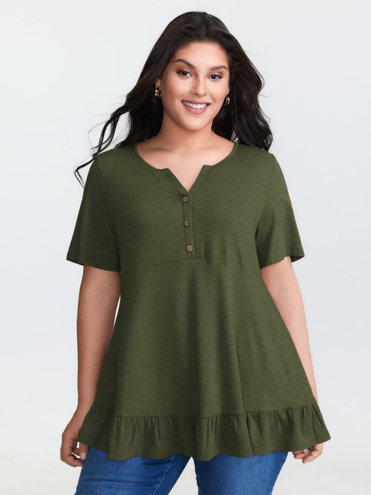 Supersoft Stretchy Ruffled Hemline Button T-Shirt