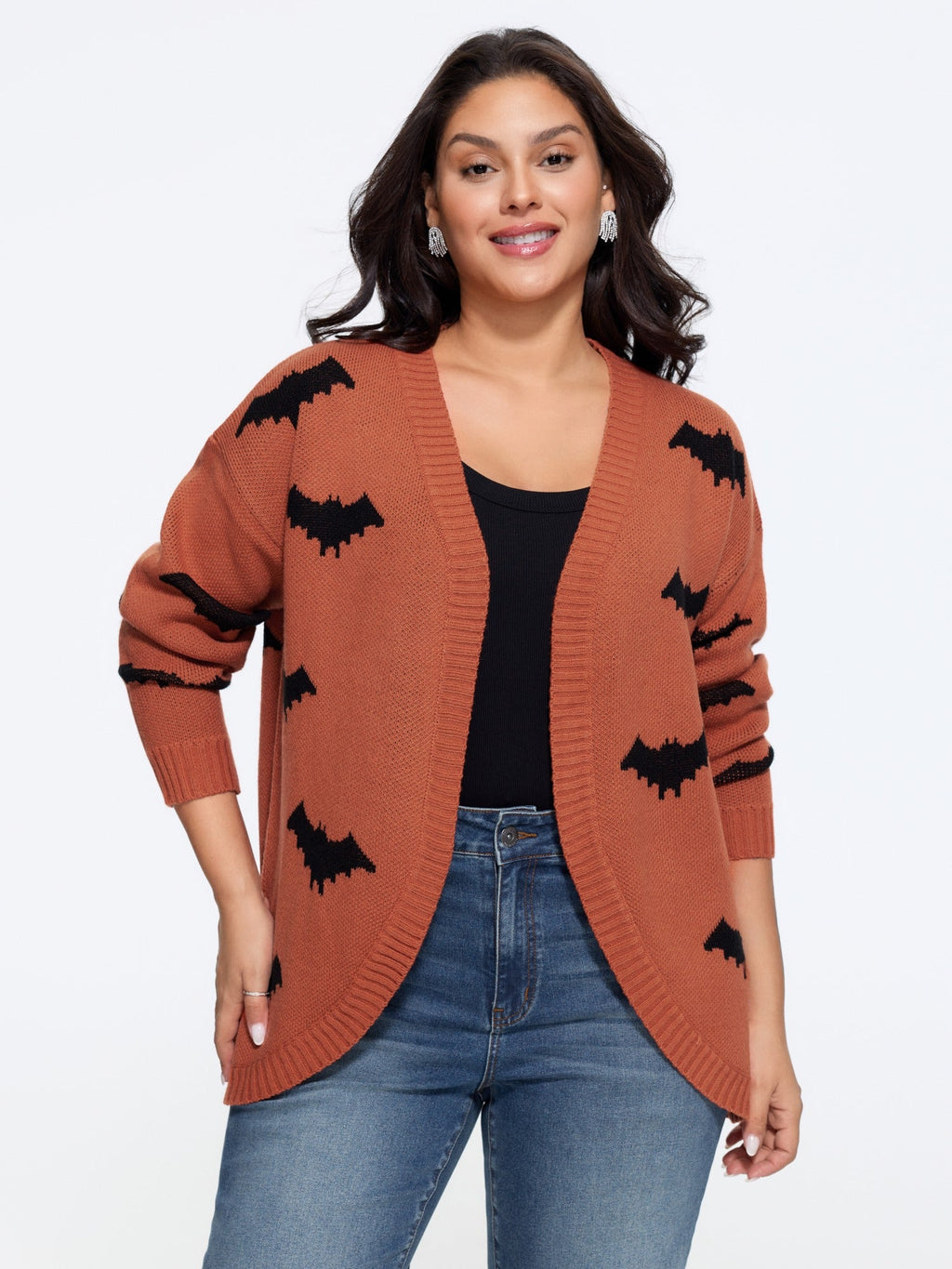 Bat Jacquard Arc Hem Open Front Cardigan