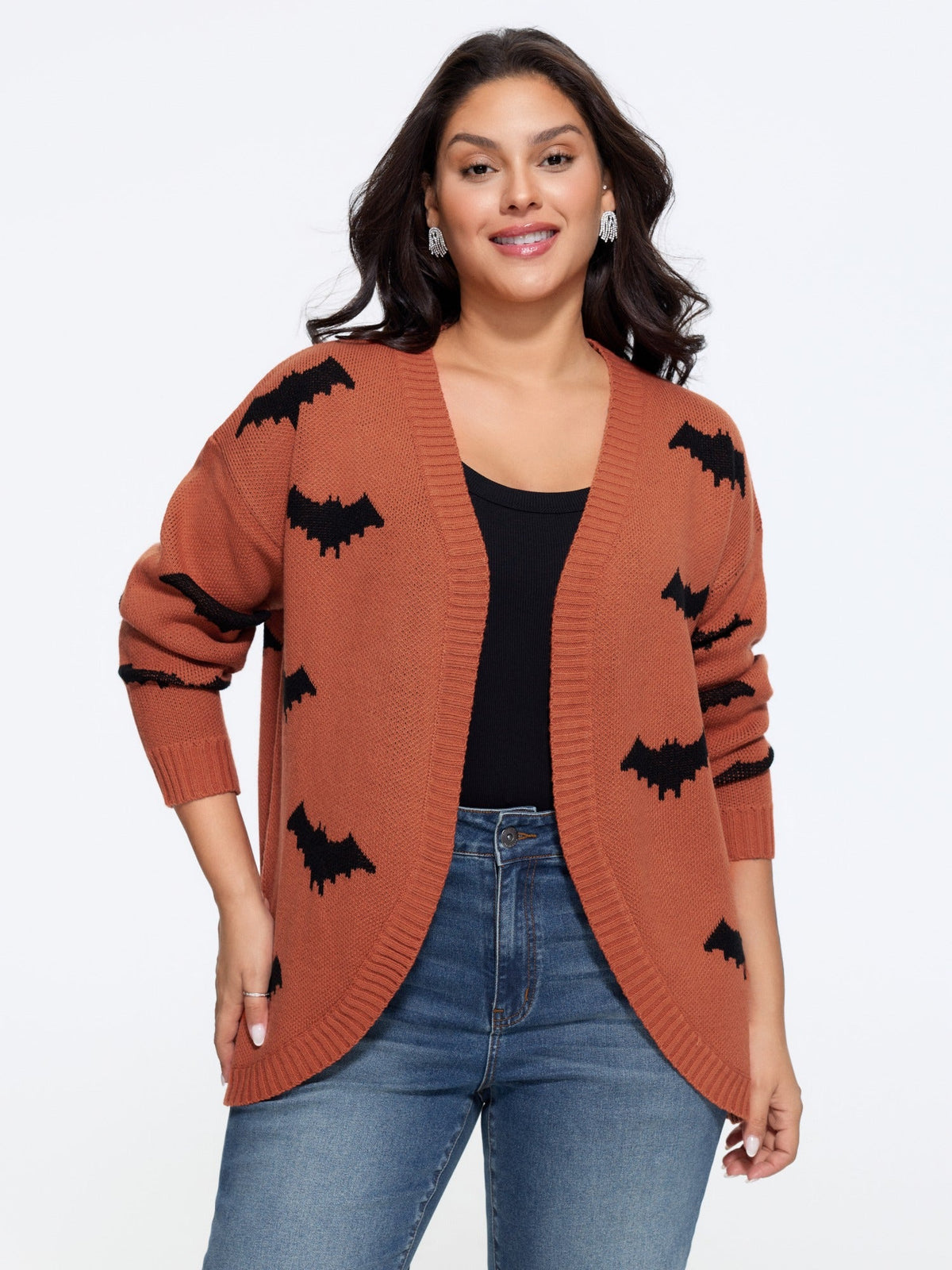 Bat Jacquard Arc Hem Open Front Cardigan