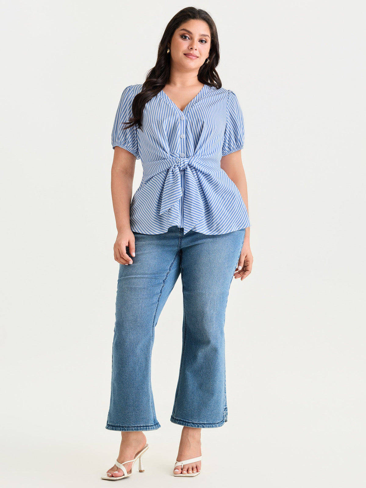 Striped Print Tie-Front Blouse