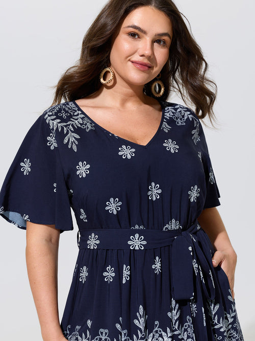 Boho Floral Print Belted Midi Dress