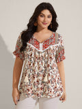 Boho Floral Print Neck Tassels Blouse