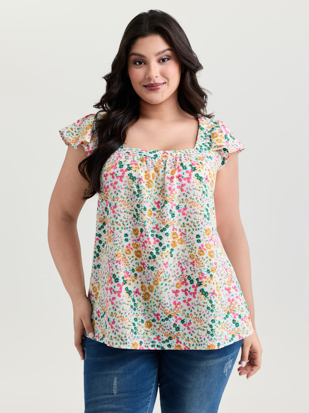 Bright Floral Print Flutter Sleeve Blouse
